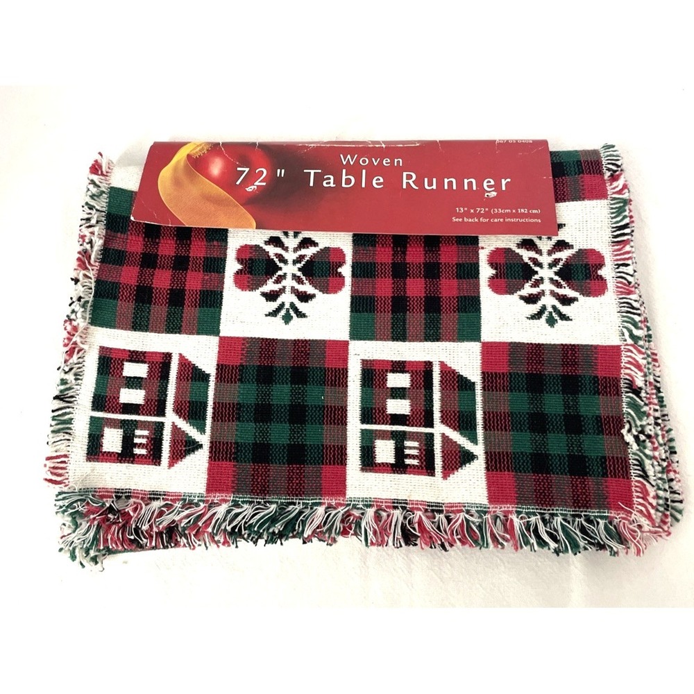 Vintage Dayton Hudson 1997 Table Runner 72" Hearts House Plaid‎ Fringe Holiday